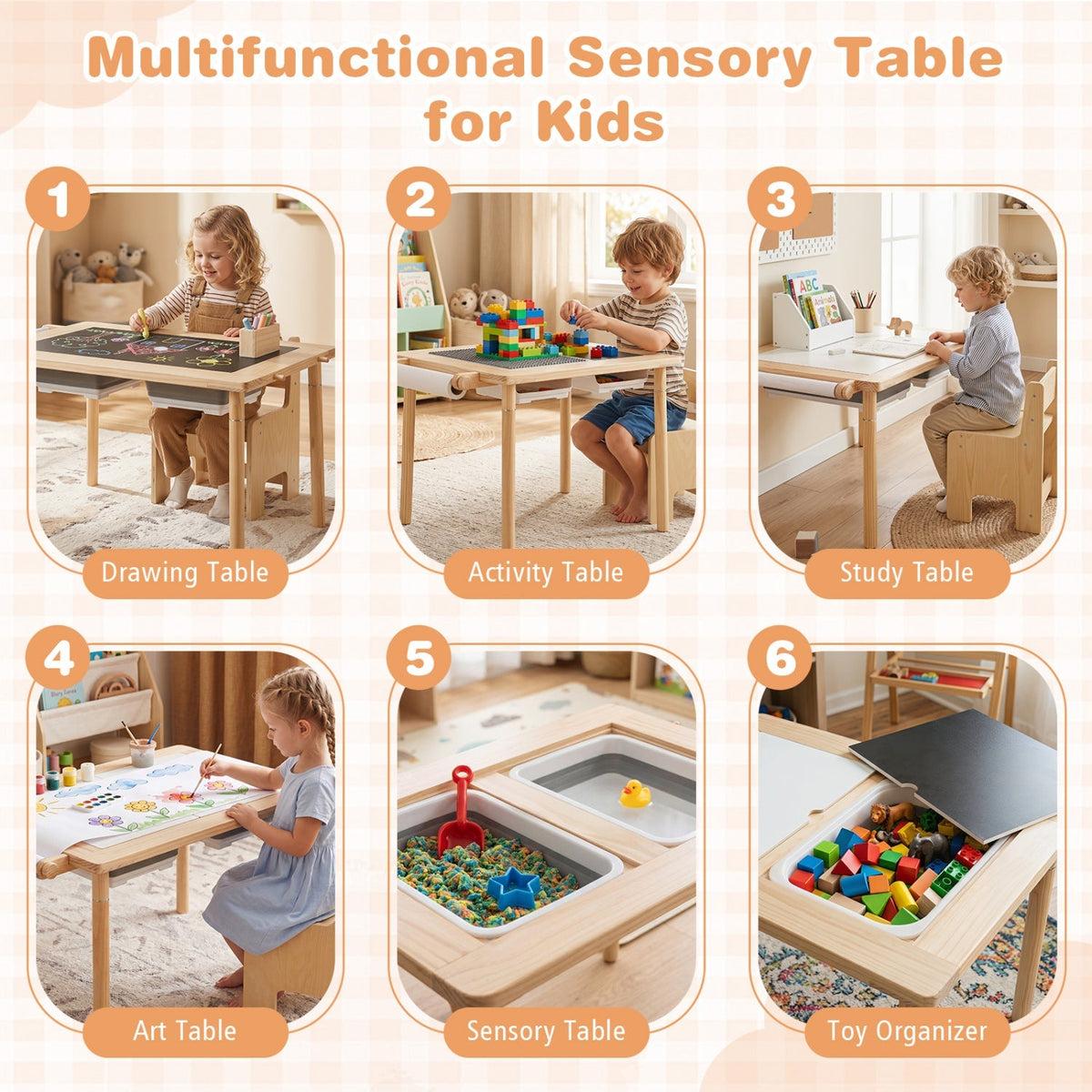 Kids activity table and chair set with adjustable height, featuring colorful plastic seats and a sturdy wooden table for children.