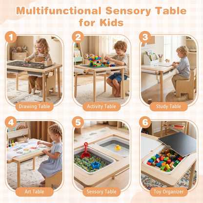 Kids activity table and chair set with adjustable height, featuring colorful plastic seats and a sturdy wooden table for children.