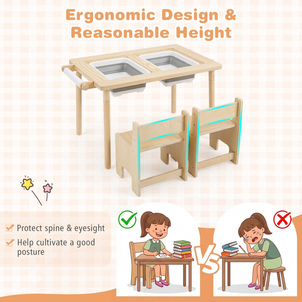 Kids activity table and chair set with adjustable height, featuring colorful, child-friendly design and sturdy wooden construction.