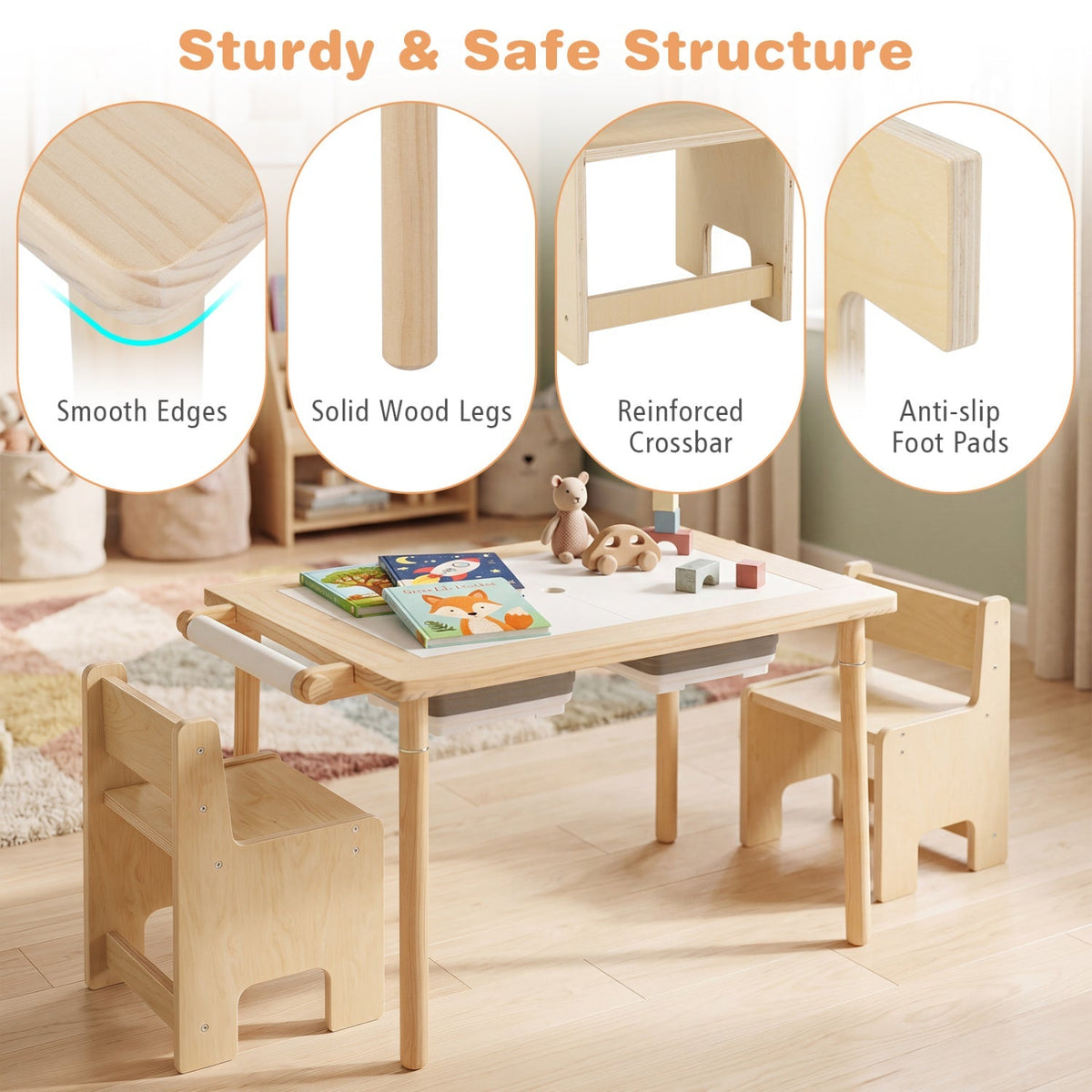 Kids activity table and chairs set with adjustable height, featuring colorful, sturdy wooden furniture for children.