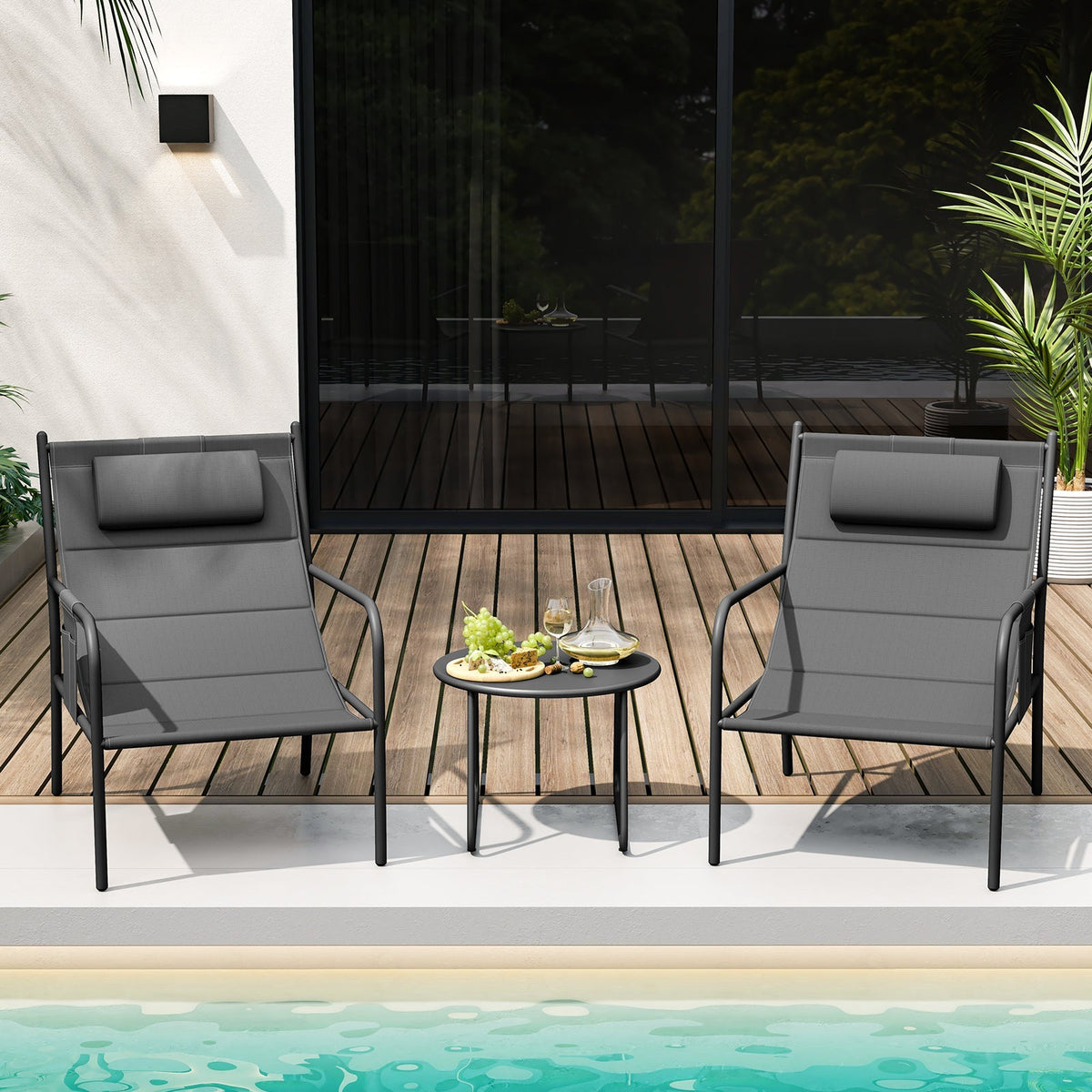 Gray outdoor bistro set with metal chairs and coffee table, perfect for patio and outdoor dining.