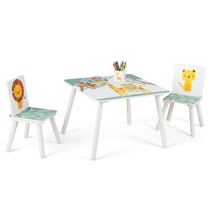 Kids furniture set with a table and two chairs featuring colorful animal pattern designs for children.