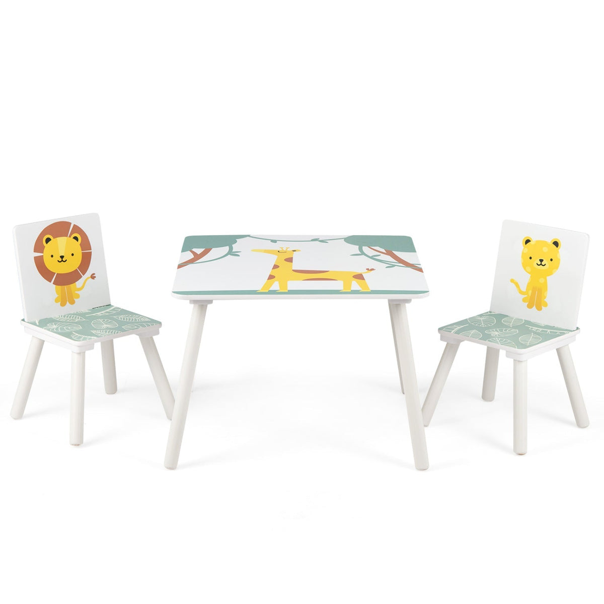 Kids furniture set with table and chairs featuring colorful animal patterns, ideal for children’s playroom or bedroom.