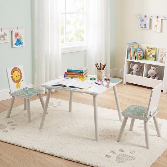 Kids furniture set with a table and two chairs featuring colorful animal patterns, perfect for children’s playroom or classroom.