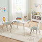 Kids furniture set with a table and two chairs featuring colorful animal patterns, perfect for children’s playroom or classroom.