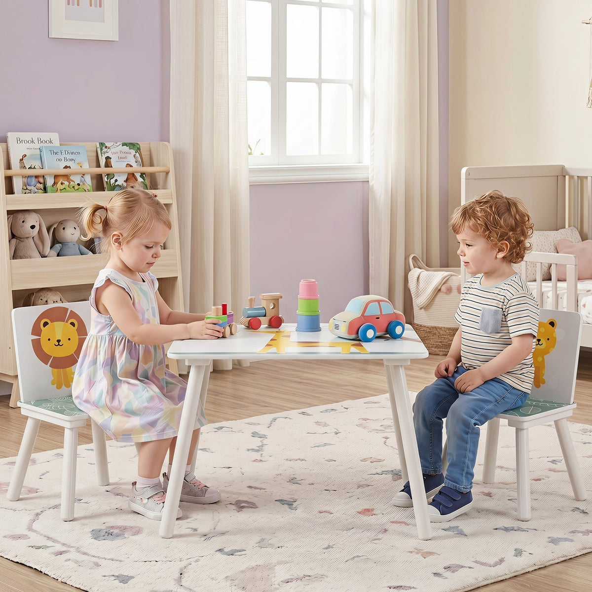 Kids furniture set with animal pattern table and two matching chairs, suitable for children, by GBruno Store.