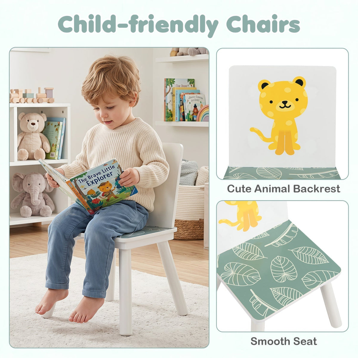 Kids furniture set with animal-patterned table and two chairs, featuring colorful, child-friendly designs for play and learning.