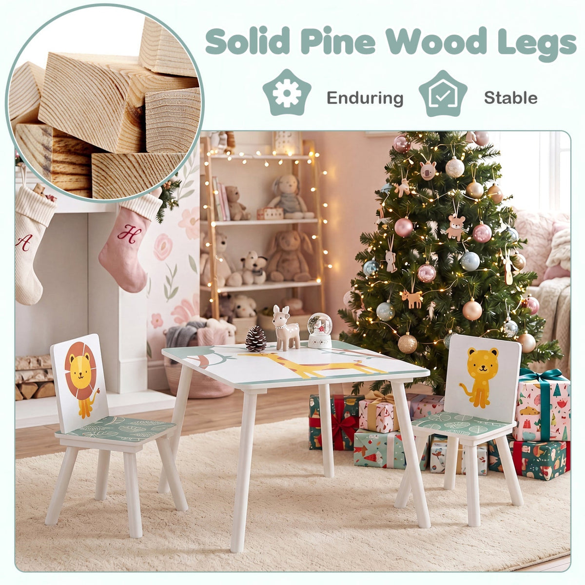 Kids furniture set including a table and two chairs with colorful animal patterns, ideal for children's playrooms or bedrooms.
