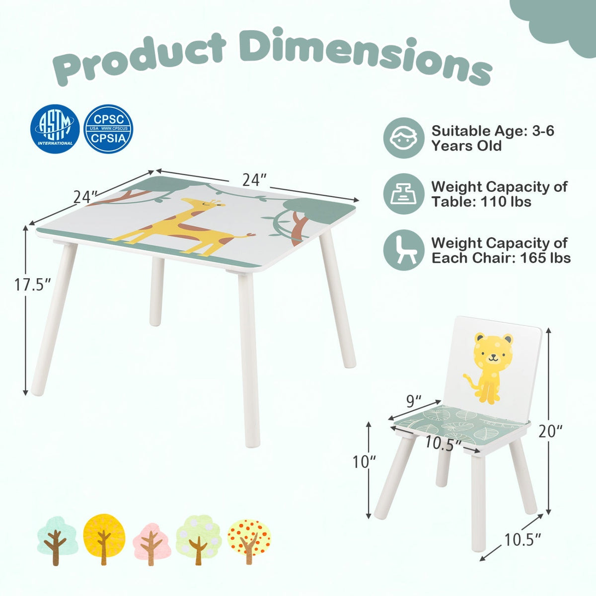 Kids furniture set with a table and two chairs featuring colorful animal patterns, perfect for children's playrooms.