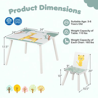 Kids furniture set with a table and two chairs featuring colorful animal patterns, perfect for children's playrooms.