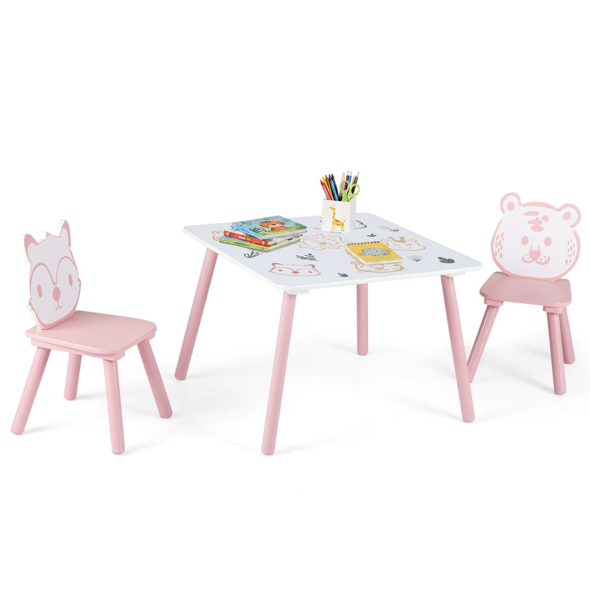Kids table and chair set with colorful animal pattern, includes three pieces for children’s playroom or classroom use.
