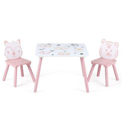 Kids table and chair set with colorful animal patterns, includes three pieces for children’s play and activity space.