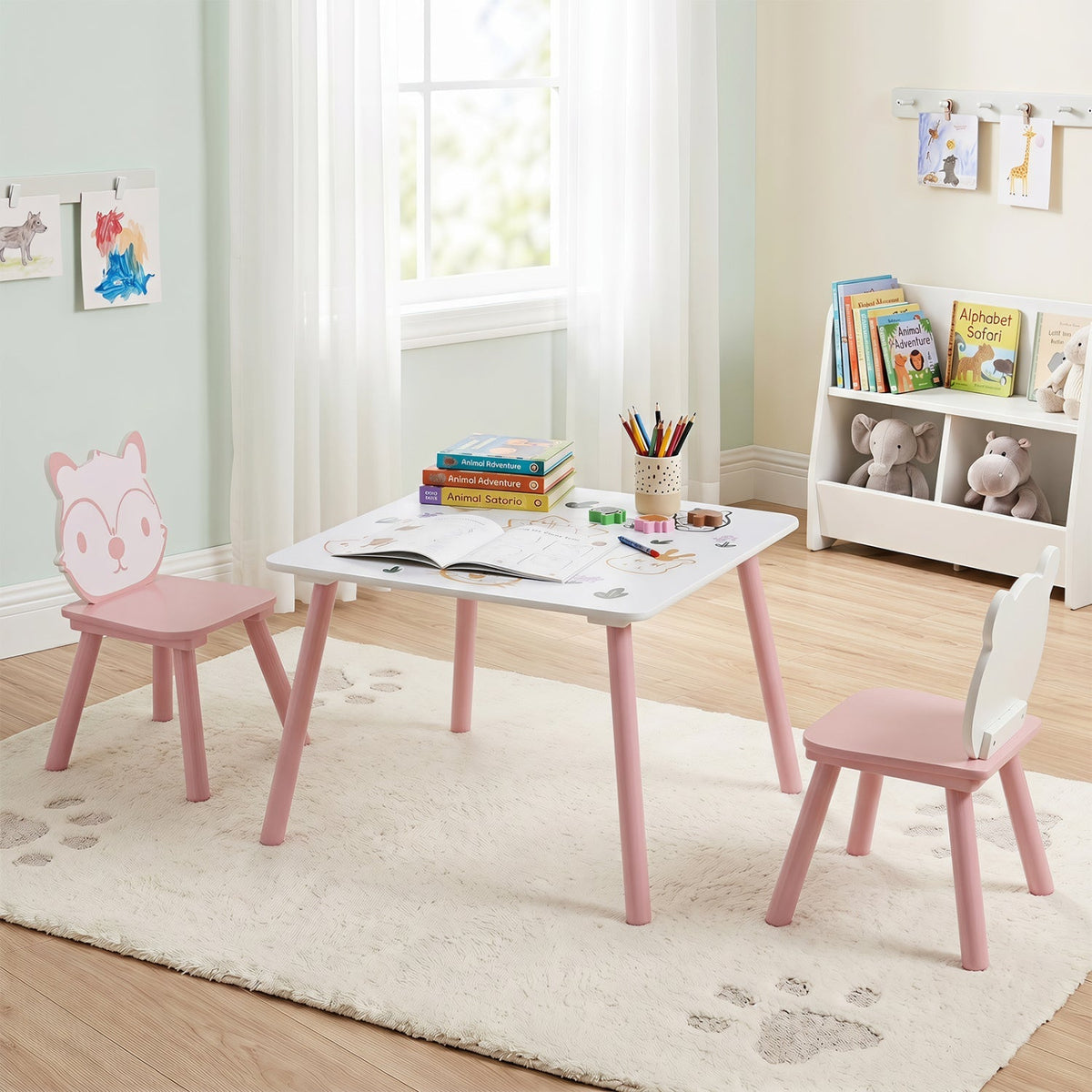 Kids table and chair set with colorful animal pattern, 3-piece GBruno Store kids furniture for play and learning.