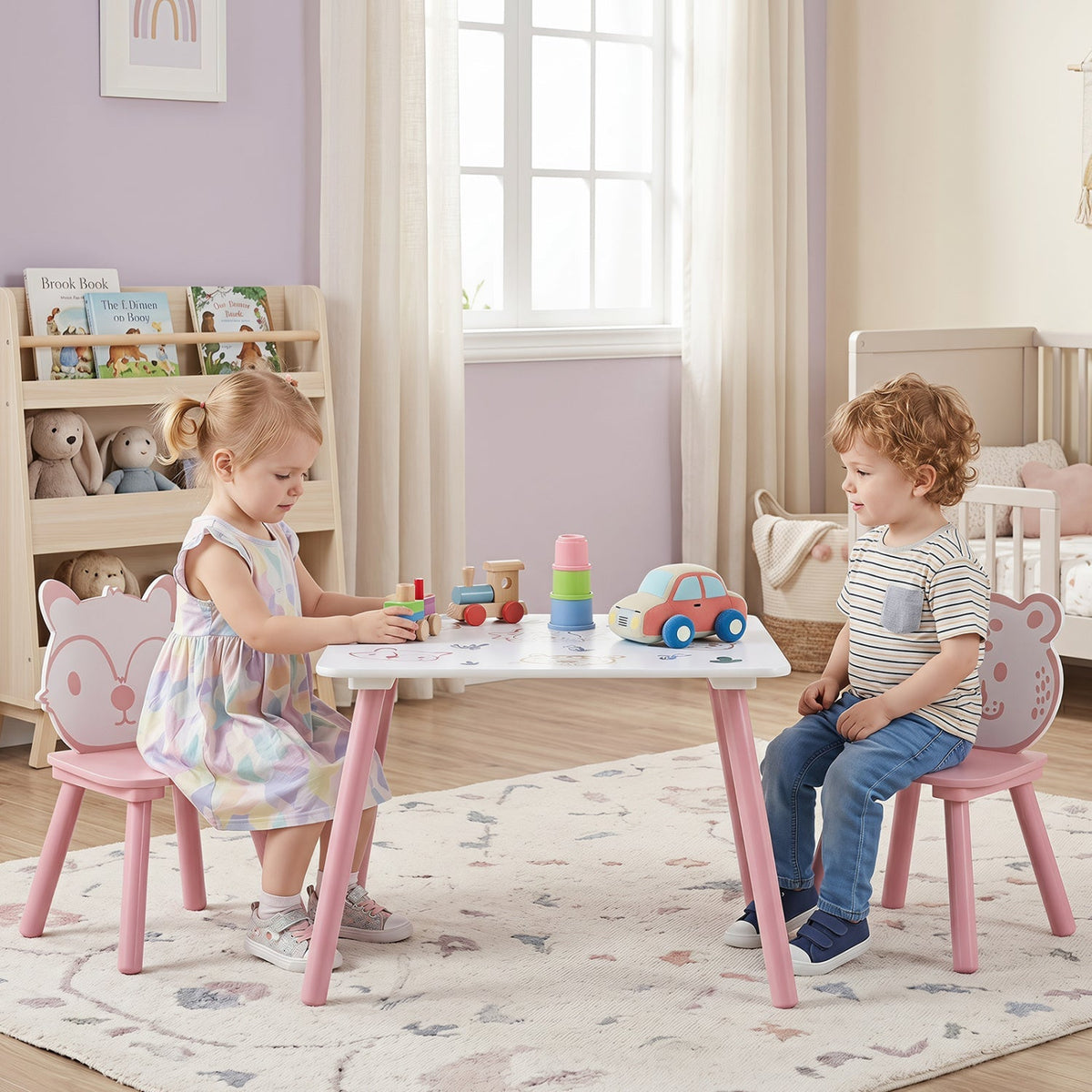 Kids table and chair set by GBruno Store featuring colorful animal pattern design, includes three pieces for children’s play and activities.