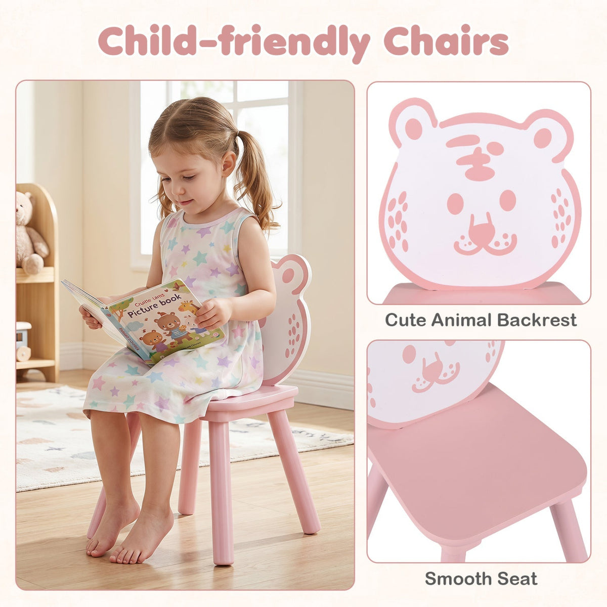 Kids table and chair set with colorful animal pattern, includes three pieces, ideal for children's play and study areas.