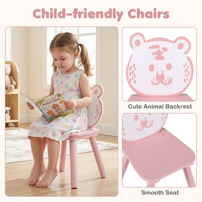 Kids table and chair set with colorful animal pattern, includes three pieces, ideal for children's play and study areas.