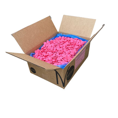 Pink vanilla-flavored candy coating and melting wafers by Candy In Bulk, shown in a bulk value bag for baking and decorating.