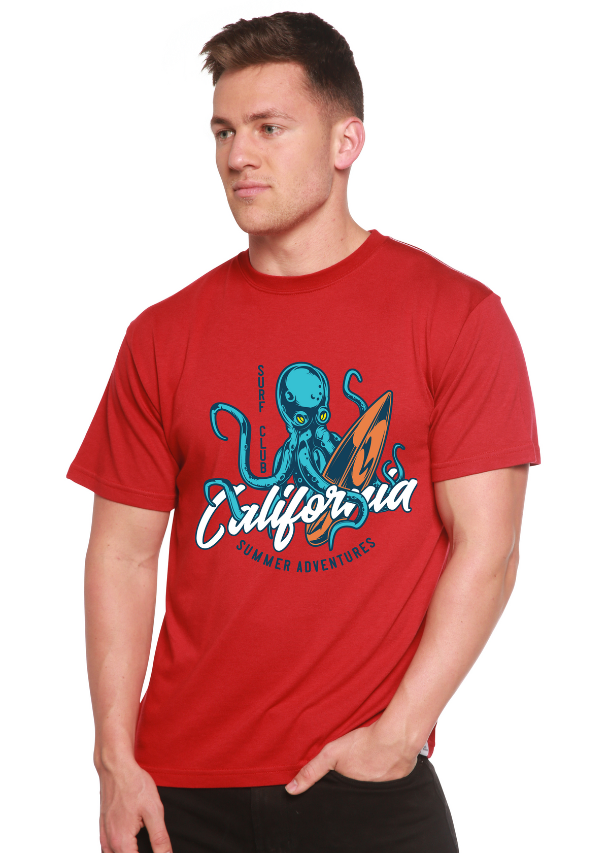 Spun Bamboo men's graphic T-shirt featuring California Summer Adventures design in bamboo viscose and organic cotton fabric.