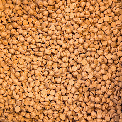 Chocolate salted caramel baking chips from Candy In Bulk, showing a close-up of the sweet and salty caramel-flavored candies in a bulk bag.
