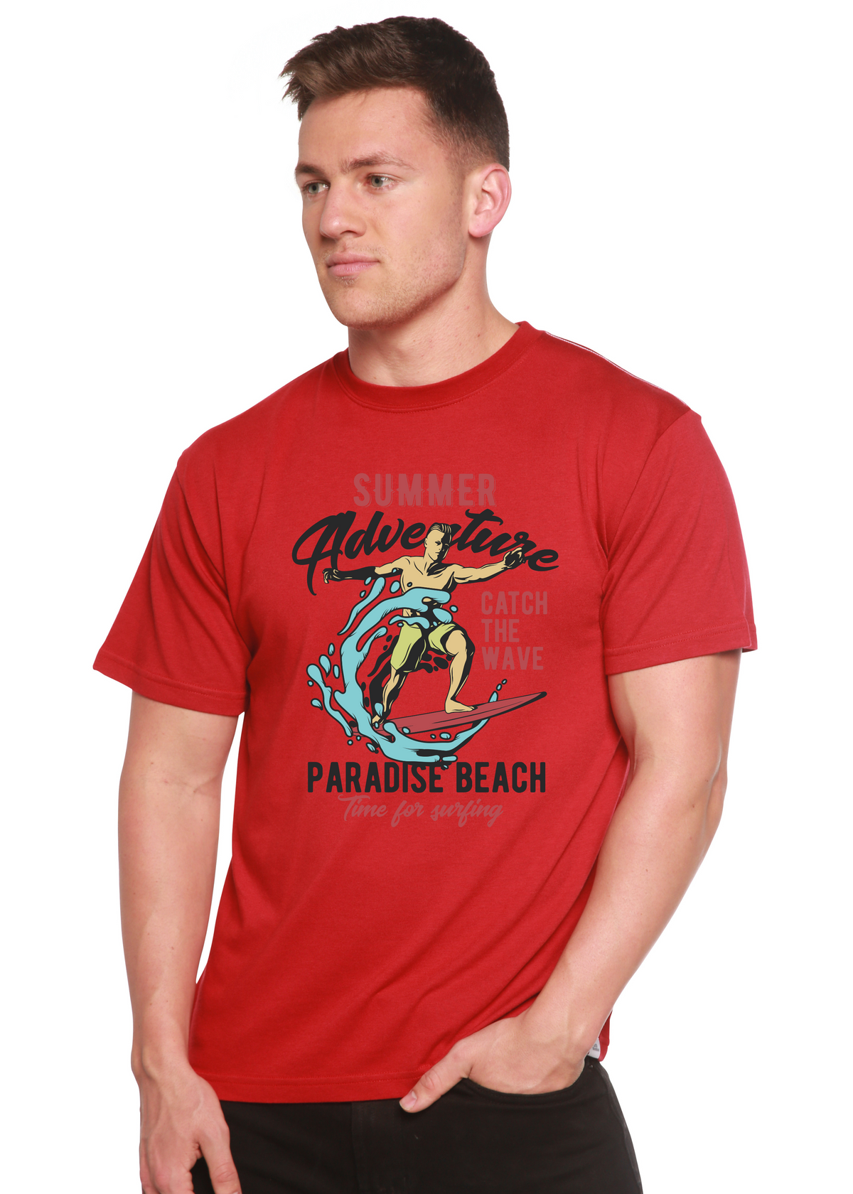 Spun Bamboo men's graphic T-shirt with wave print, made from bamboo viscose and organic cotton, short sleeve, casual style.