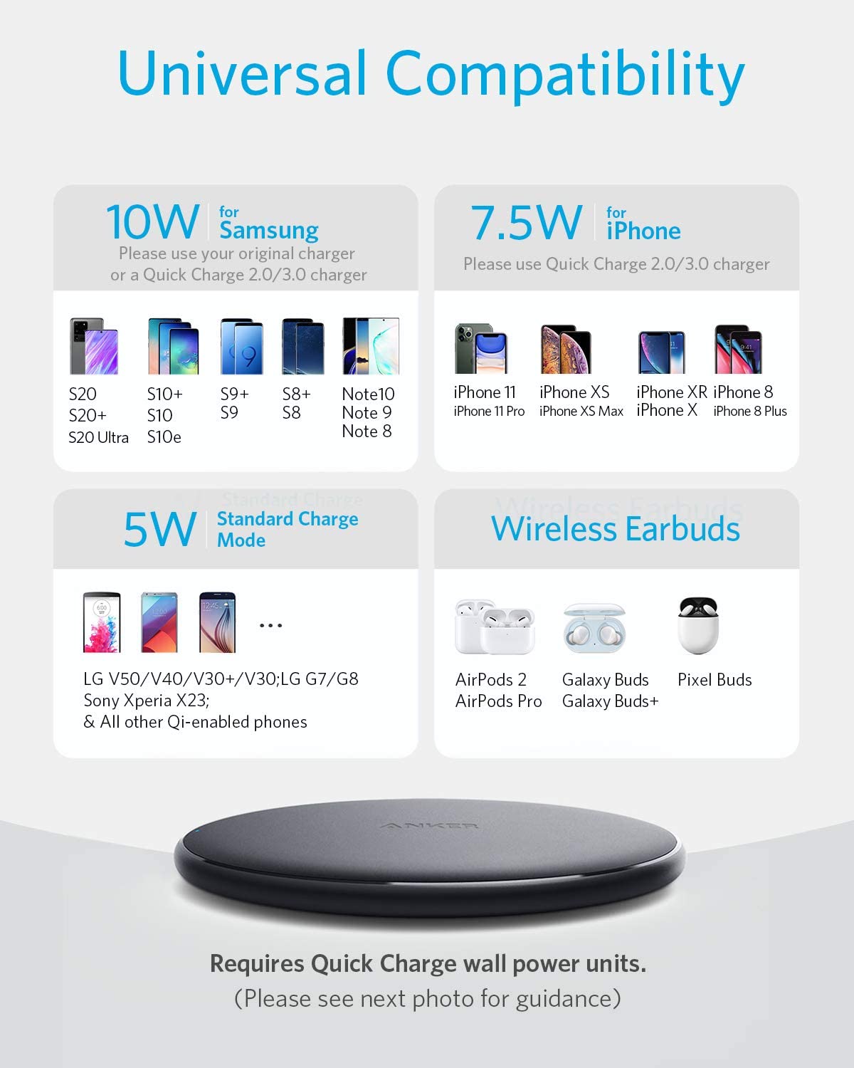 Anker 313 wireless charging pad for fast phone charging, sleek black design, compact and minimalist charging accessory.