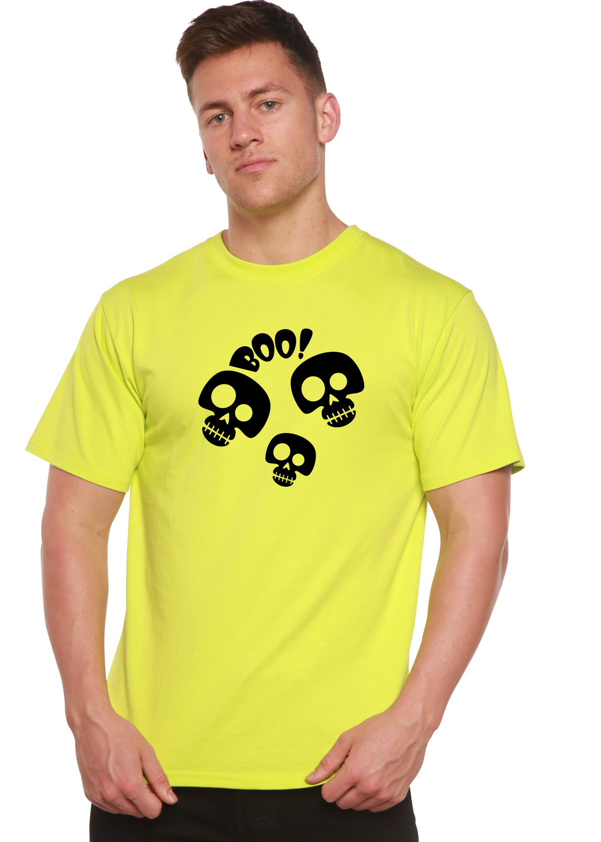 Men's Halloween Boo graphic T-shirt by Spun Bamboo, short sleeve tee with spooky Halloween design in bamboo viscose and organic cotton.