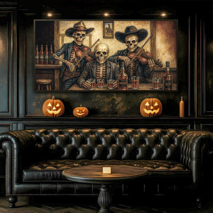 Western cowboy skeleton wall art on canvas featuring a skeleton cowboy in western attire, ideal for rustic or western decor.