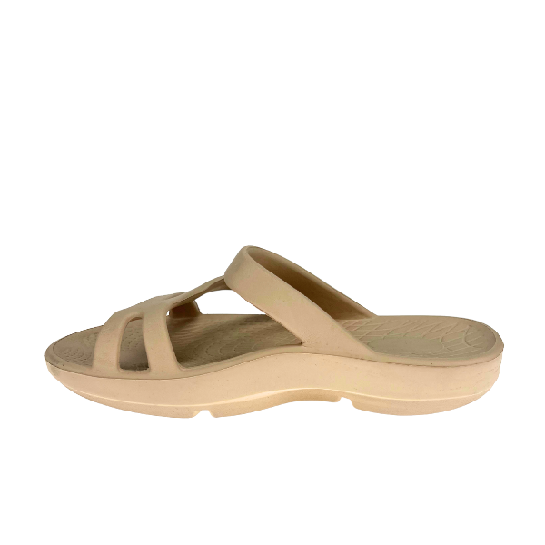 Women’s Sovella Active Recovery Sandals by Lucky Feet Shoes in beige, featuring cushioned slide design for comfortable recovery.
