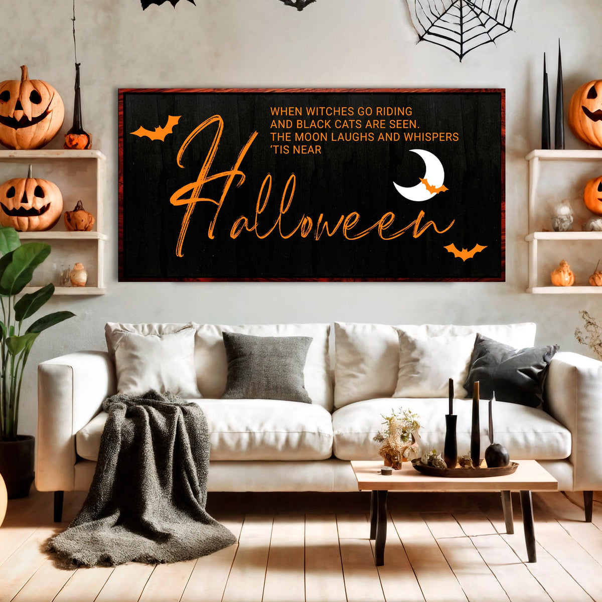Halloween wall sign canvas featuring witches design by Tailored Canvases, perfect for spooky seasonal decor.
