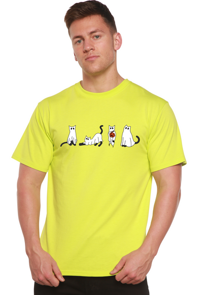 Men's Halloween Cats graphic T-shirt by Spun Bamboo, short sleeve, bamboo viscose and organic cotton fabric, featuring a printed cat design.