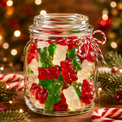 Assorted Christmas Gummy Bears in red, white, and green from Candy In Bulk, shown in a bulk value bag.