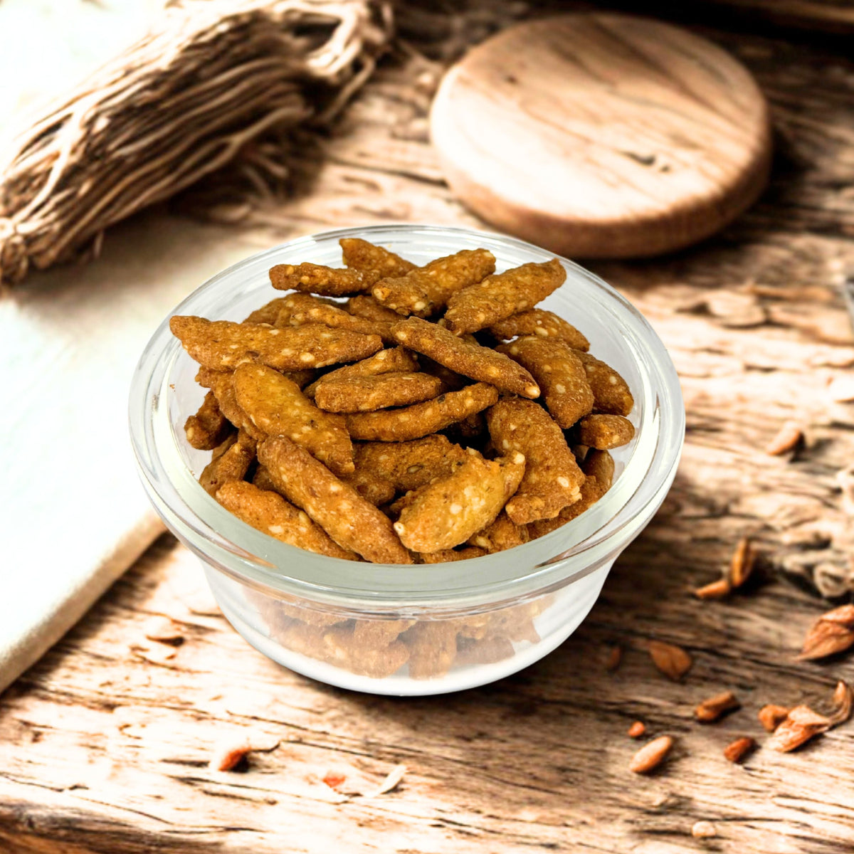 Wide cut sesame sticks snack in bulk value bag by Candy In Bulk, showing golden sesame-coated crunchy snack sticks.