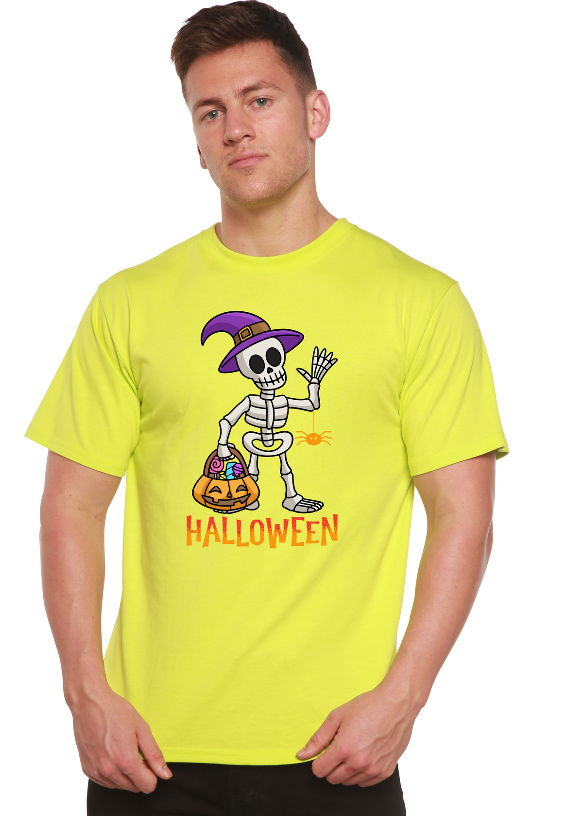 Unisex Happy Halloween graphic T-shirt by Spun Bamboo, featuring a printed Halloween design on bamboo viscose and organic cotton fabric.