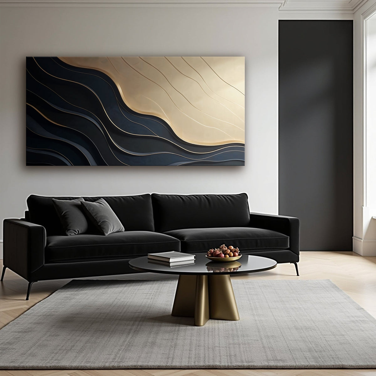 Black and gold minimalist abstract canvas artwork by Tailored Canvases featuring modern geometric design.