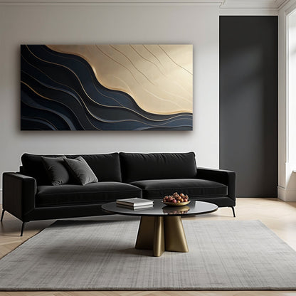 Black and gold minimalist abstract canvas artwork by Tailored Canvases featuring modern geometric design.