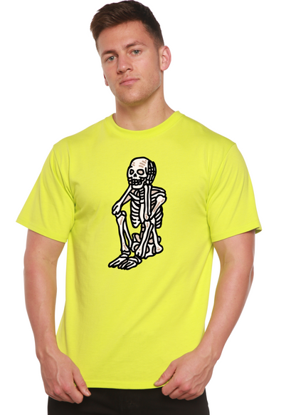 Sad Skeleton Halloween unisex t-shirt by Spun Bamboo featuring a printed skeleton graphic on short sleeve bamboo viscose organic cotton shirt.