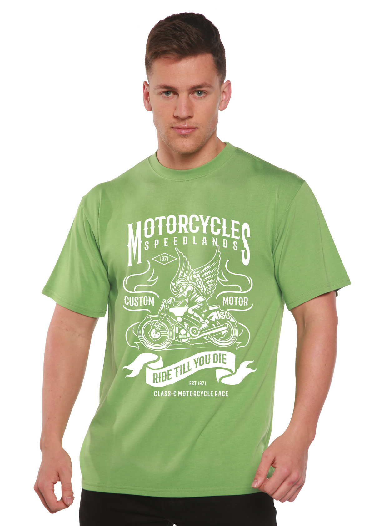 Men's Spun Bamboo motorcycle graphic T-shirt made from bamboo viscose and organic cotton, featuring a short sleeve design and printed artwork.