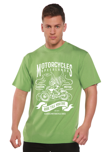 Men's Spun Bamboo motorcycle graphic T-shirt made from bamboo viscose and organic cotton, featuring a short sleeve design and printed artwork.