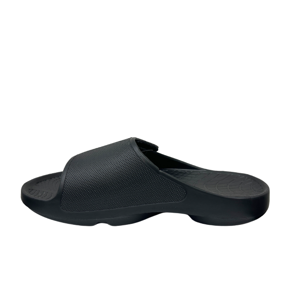 Black Sovella Active Recovery Sandals for men by Lucky Feet Shoes, featuring velcro straps and cushioned slide design.