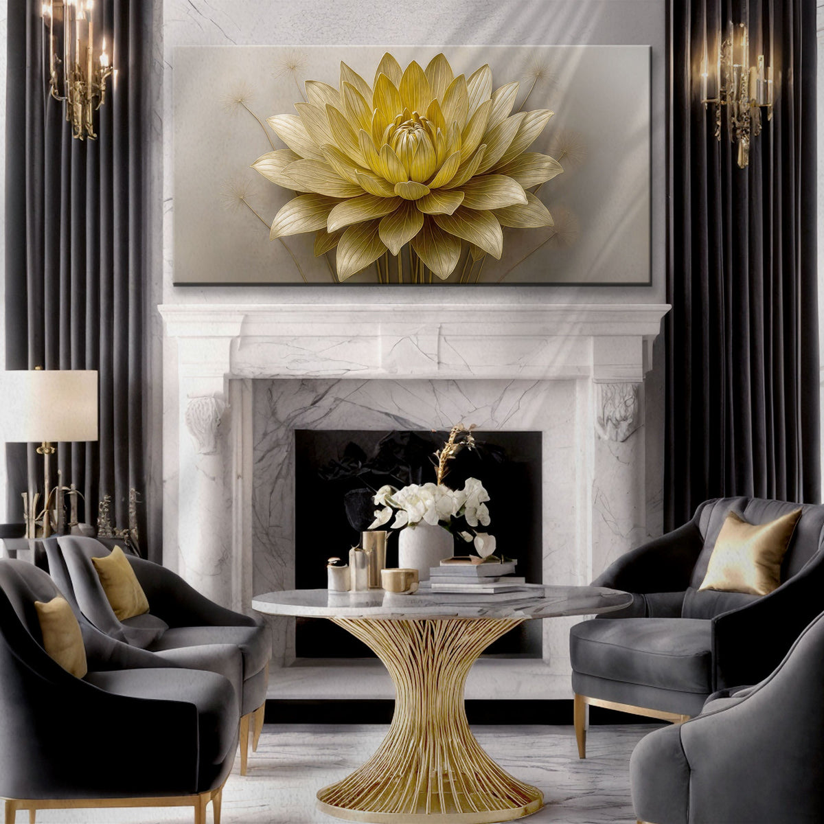 Golden Lotus Minimalist Abstract Wall Art III