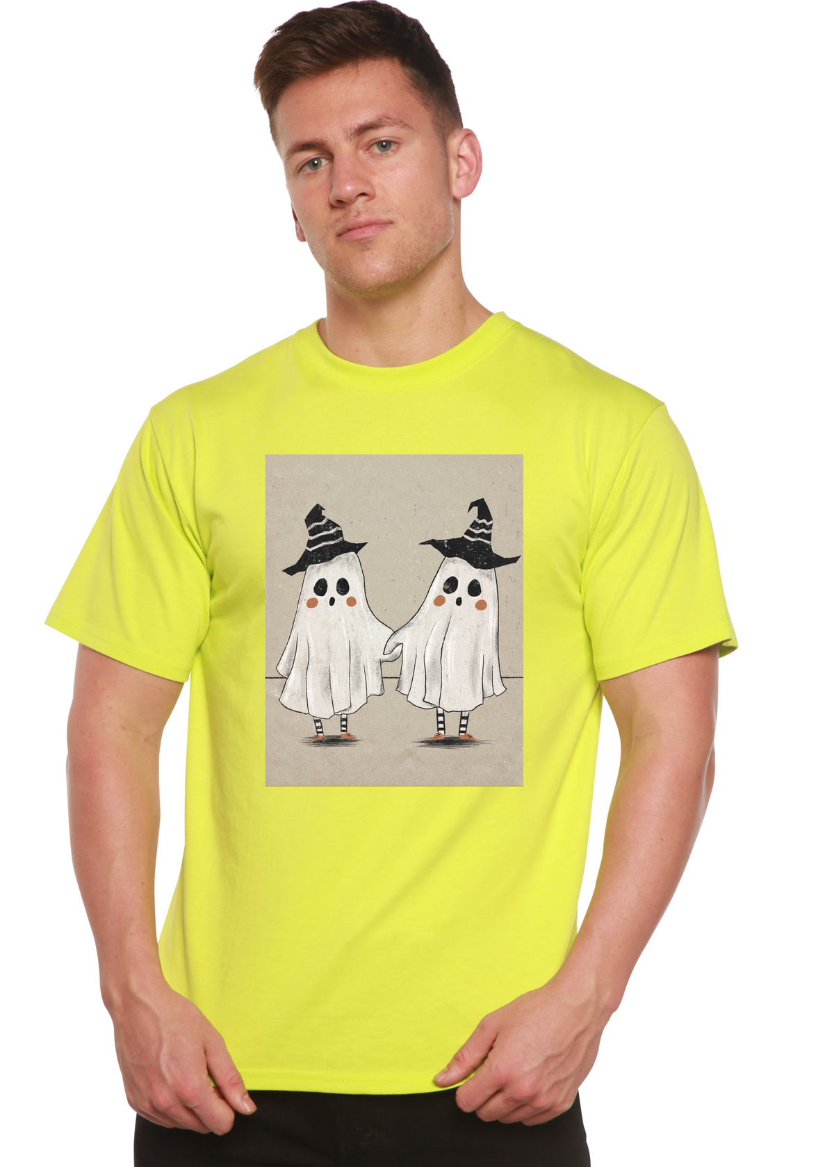 Men's printed T-shirt by Spun Bamboo featuring a cute ghost graphic on bamboo viscose and organic cotton short sleeve fabric.