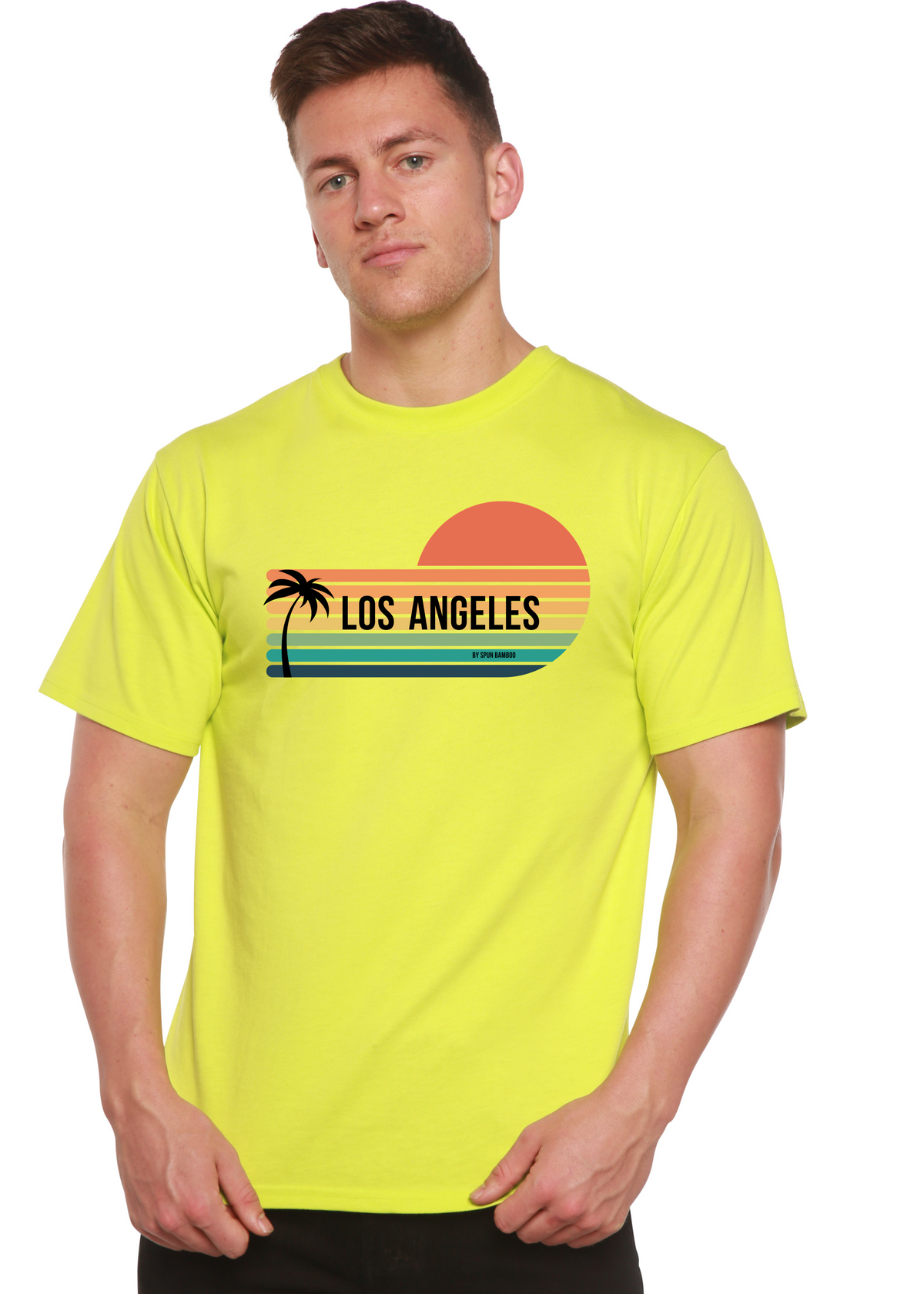 Men's Spun Bamboo graphic T-shirt featuring Los Angeles cityscape design in bamboo viscose and organic cotton fabric.