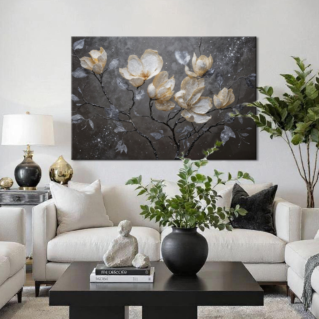 Canvas wall art featuring elegant midnight magnolias with dark, moody floral design by Tailored Canvases.