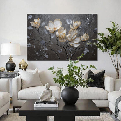Canvas wall art featuring elegant midnight magnolias with dark, moody floral design by Tailored Canvases.