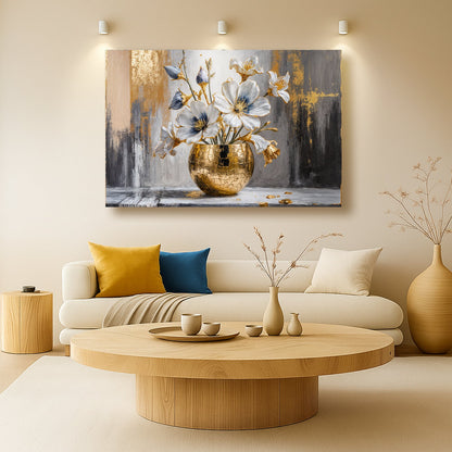 Gold abstract canvas wall art featuring a magnolia bloom design by Tailored Canvases, with vibrant colors and modern floral imagery.