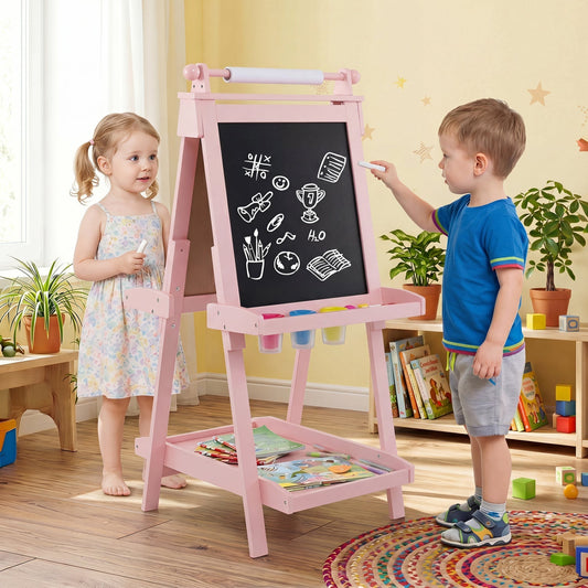 Double-sided kids art easel with chalkboard and whiteboard from GBruno Store, featuring colorful art supplies and a sturdy frame.
