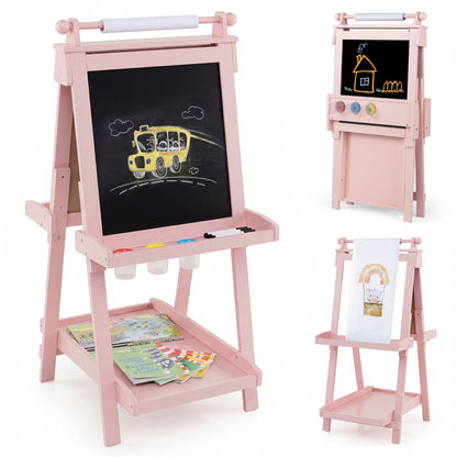 Double-sided kids art easel with chalkboard and whiteboard, featuring a sturdy wooden frame and colorful art accessories.