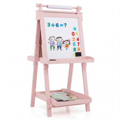 Double-sided kids art easel with chalkboard and whiteboard from GBruno Store, featuring colorful art supplies and drawing surfaces.