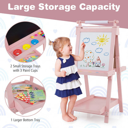 Double-sided kids art easel with chalkboard and whiteboard from GBruno Store, featuring colorful art supplies and a sturdy frame.