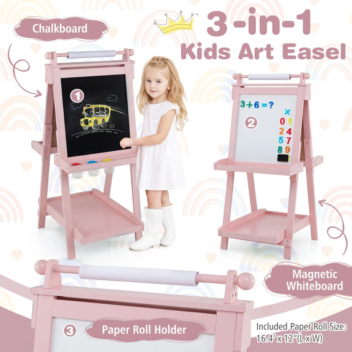 Double-sided kids art easel by GBruno Store with chalkboard and whiteboard surfaces for creative drawing and painting.